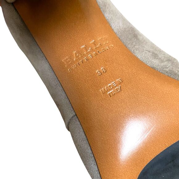 Bally Chiton Suede Cork Heeled Mules Fit Sz 6.5 Taupe Open Toe New w/ Small Flaw - Picture 9 of 12